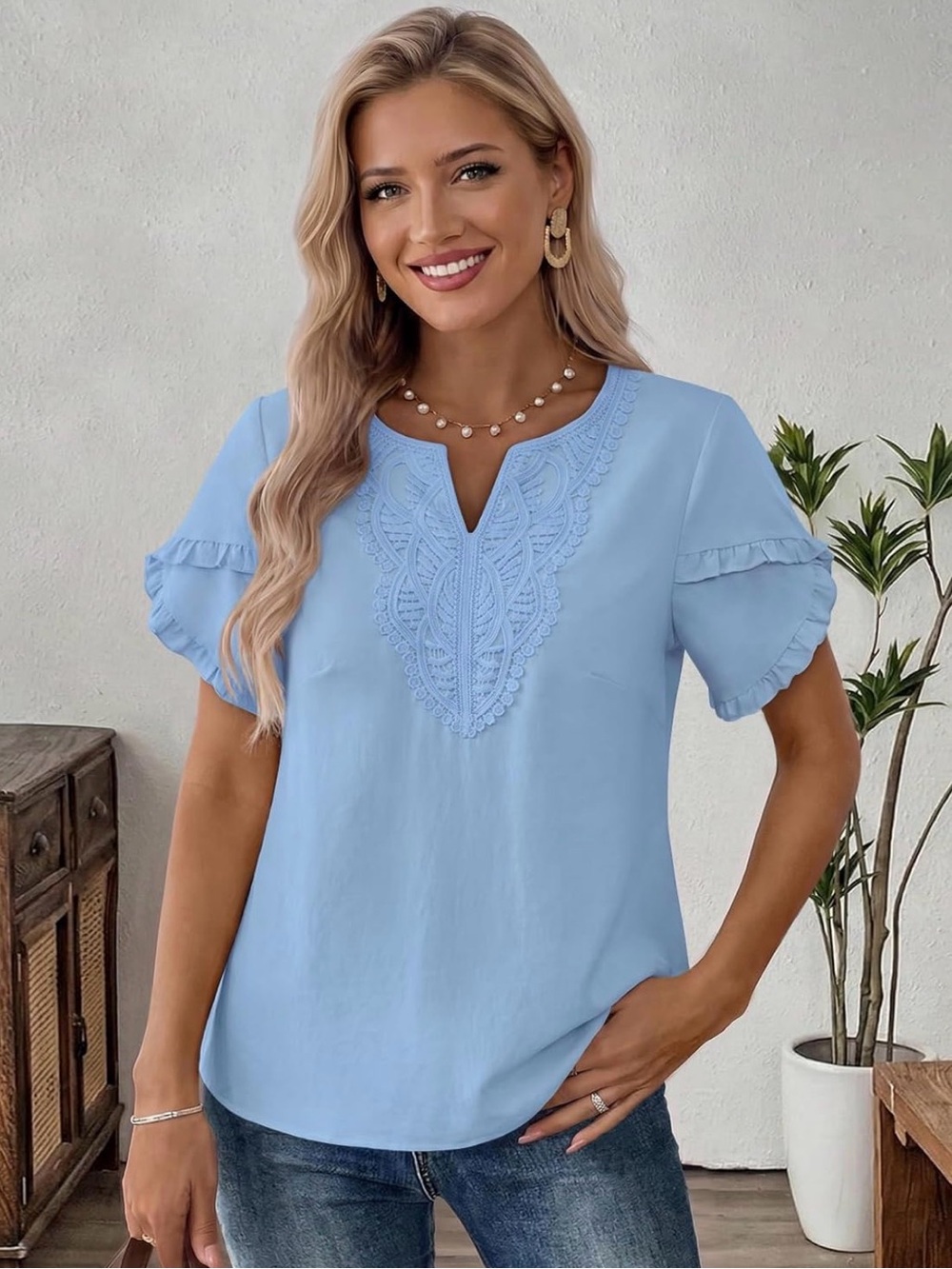 Women’s Light Blue Embroidered V-Neck Blouse